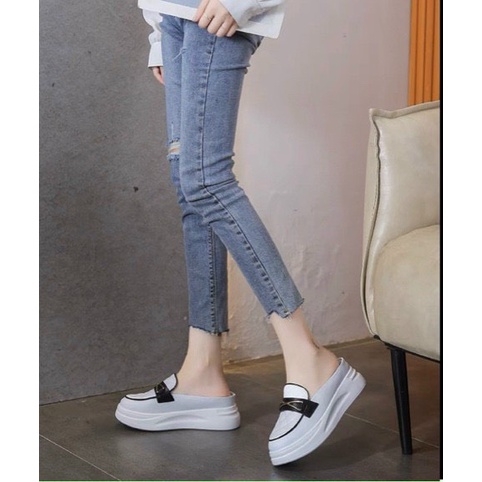 Giày Sục Thể Thao Nữ màu trắng, bata đạp gót đế bánh mì 3cm dáng trần siêu xinh 2 màu
