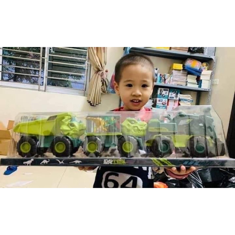 Set 3 Ô Tô Khủng Long Công Trình- Bộ 3 Ô Tô Khủng Long Có Hộp Đựng Cao Cấp xe đồ chơi khủng long cho bé