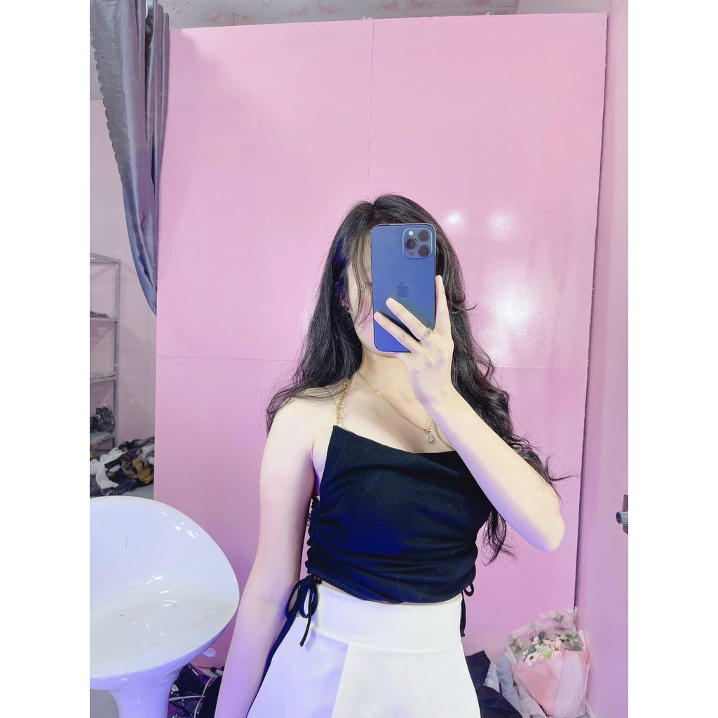 Áo  cổ yếm phối xích 2 bên hông rút dây hở lưng sexy chất borip mềm tôn dáng ôm form xinh xinh