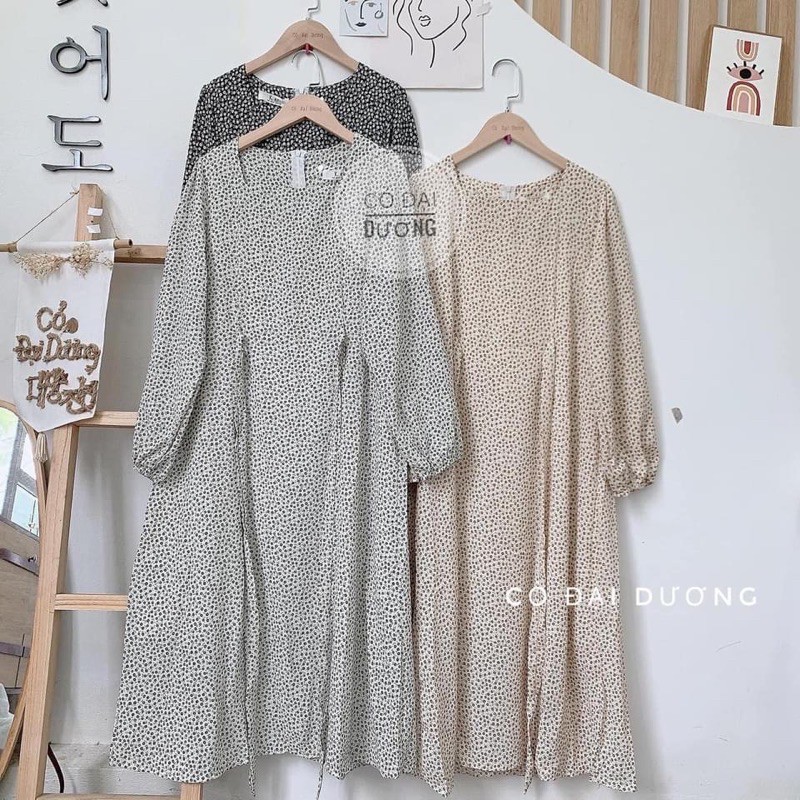 [Mã WASTUP giảm 10% tối đa 30K đơn 99K] Váy hoa nhí vintage dáng dài thắt nơ eo Hàn Quốc