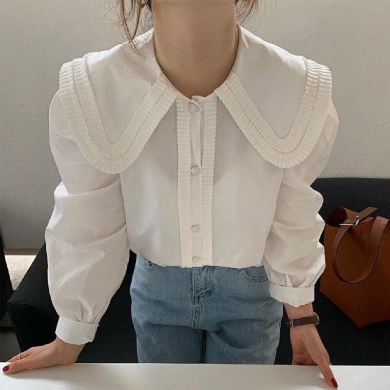 Áo sơ mi nữ cổ bèo tay dài dễ thương phong cách hàn quốc