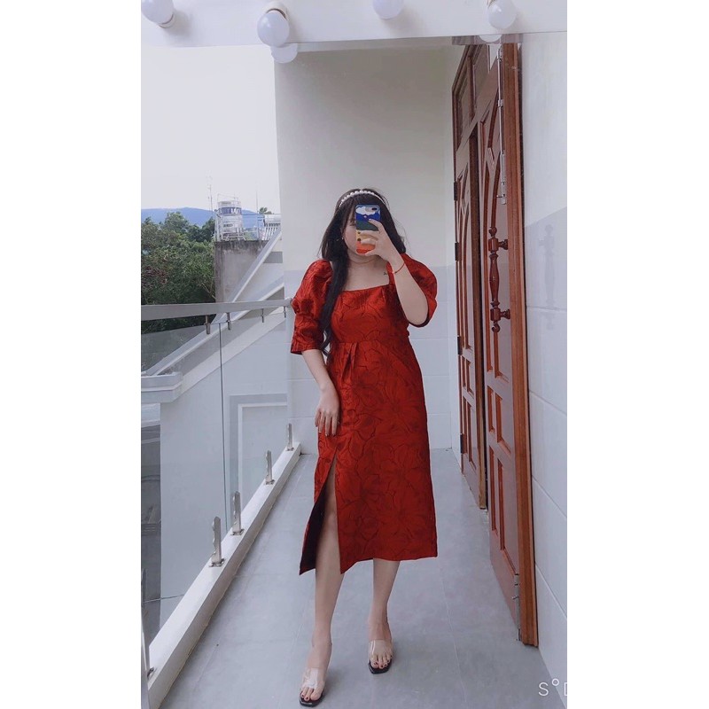 [Đầm Tết Bigsize] ĐẦM GẤM XẺ TÀ BIGSIZE màu đỏ 55-90kg (có size- ảnh thật bigsize)