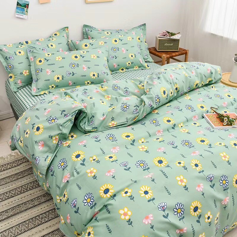 Bộ chăn ga Cotton Poly M2T bedding chăn ga Hàn Quốc hoa mặt trời đủ size miễn phí bo chun