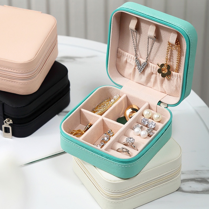 Hộp đựng đồ trang sức mini bằng da PU lót vải nỉ nhung có khóa kéo hộp nữ trang để bông tai dây chuyền mang đi du lịch
