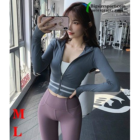 Áo khoác dệt kim nữ có nón dài tay kẻ sọc, áo thun nữ vải dệt form body, áo gym thể thao nữ cao cấp - BIGSIZESPORT