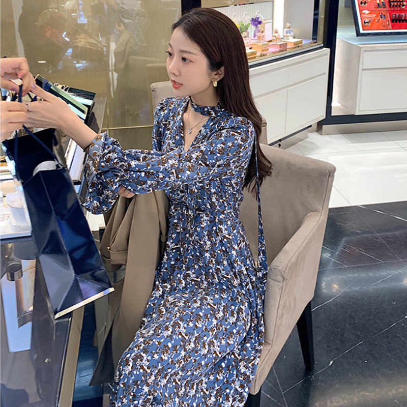 Đầm tay dài chất chiffon hoạ tiết hoa thiết kế chiết eo nữ tính hợp thời trang