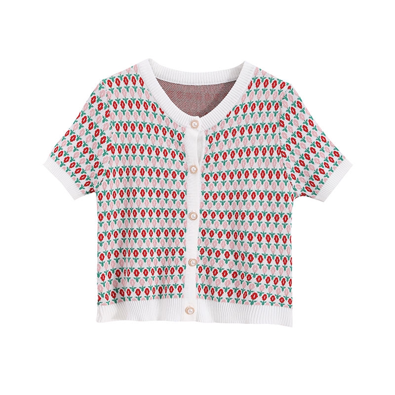 Áo Cardigan Dệt Kim Ngắn Dáng Rộng In Họa Tiết Hoa Đính Nút Ngọc Trai Phong Cách Chanel Hàn Quốc Thời Trang Mùa Hè Cho Nữ