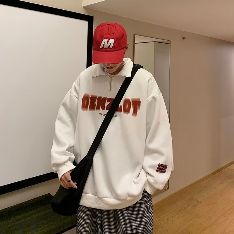Áo Sweater Polo Tay Dài Dáng Rộng Cổ Đứng Có Khóa Kéo Nửa Màu Đen / Xám / Trắng Phong Cách Mỹ Cổ Điển Thời Trang Cho Nam Size M-2XL