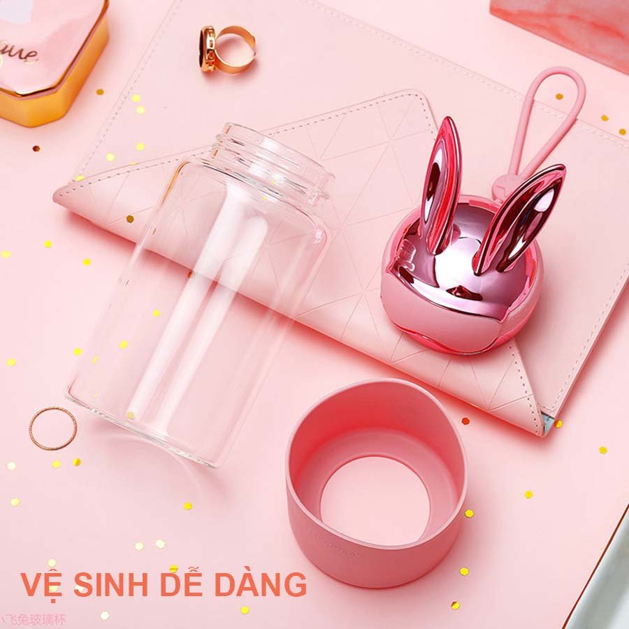 Bình Nước Thủy Tinh Tai Thỏ Dễ Thương 340ML H-6042