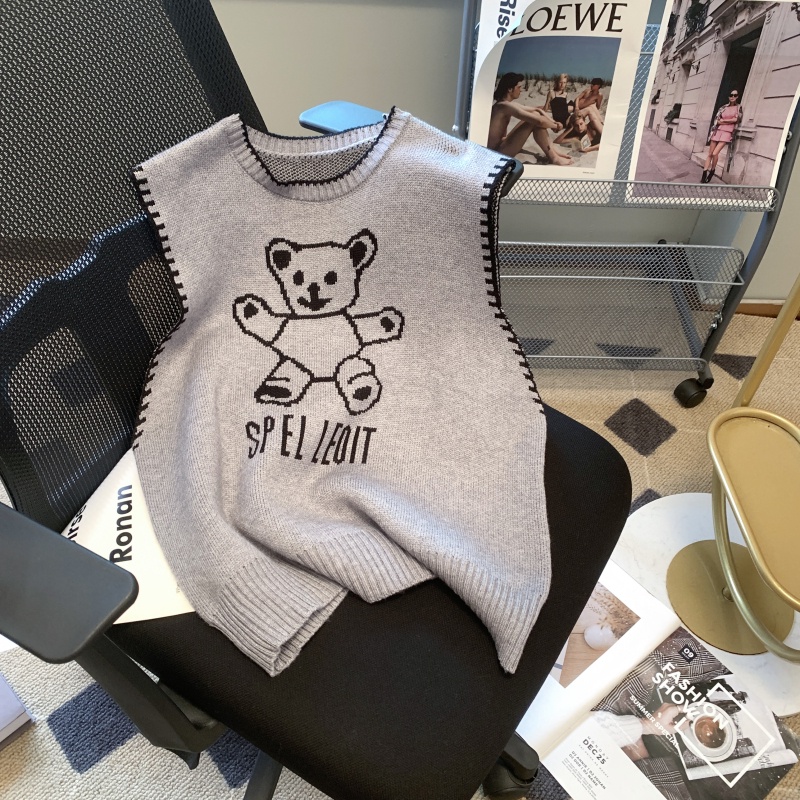 Áo Len Không Tay Cổ Chữ V In Hình Gấu Nhỏ Thời Trang Mùa Thu Mới Dành Cho Bạn Nữ