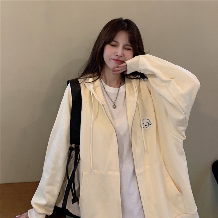 Áo khoác tay dài có nón họa tiết thêu đơn giản