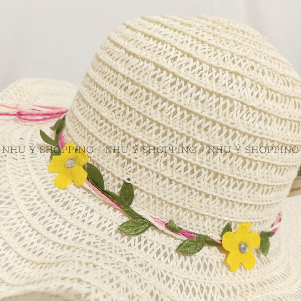 Nón mũ cói mềm vành lượn sóng hoa lá tiểu thư xinh cho bé gái có dây rút điều chỉnh,trên 4 tuổi vừa-q12 sóng bé