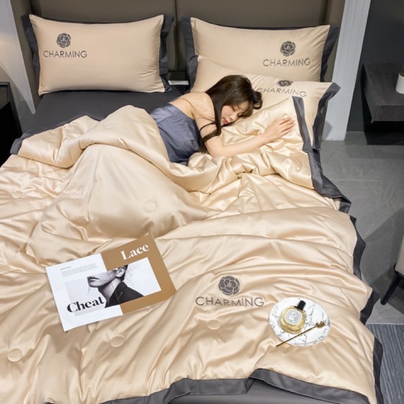Bộ chăn ga gối phi lụa CHARMING óng mịn cao cấp , Ga giường vỏ gối chăn hè phi lụa chât liệu mềm mịn thoáng mát mới 2022