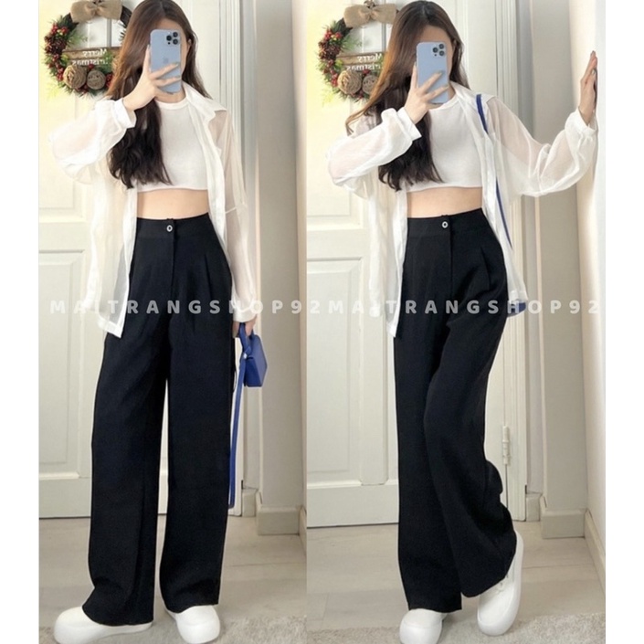 Quần ống rộng nữ dáng dài lưng cao ulzzang màu đen, nâu tây choco vải lụa hàn phong cách Hàn quốc Maitrangshop –