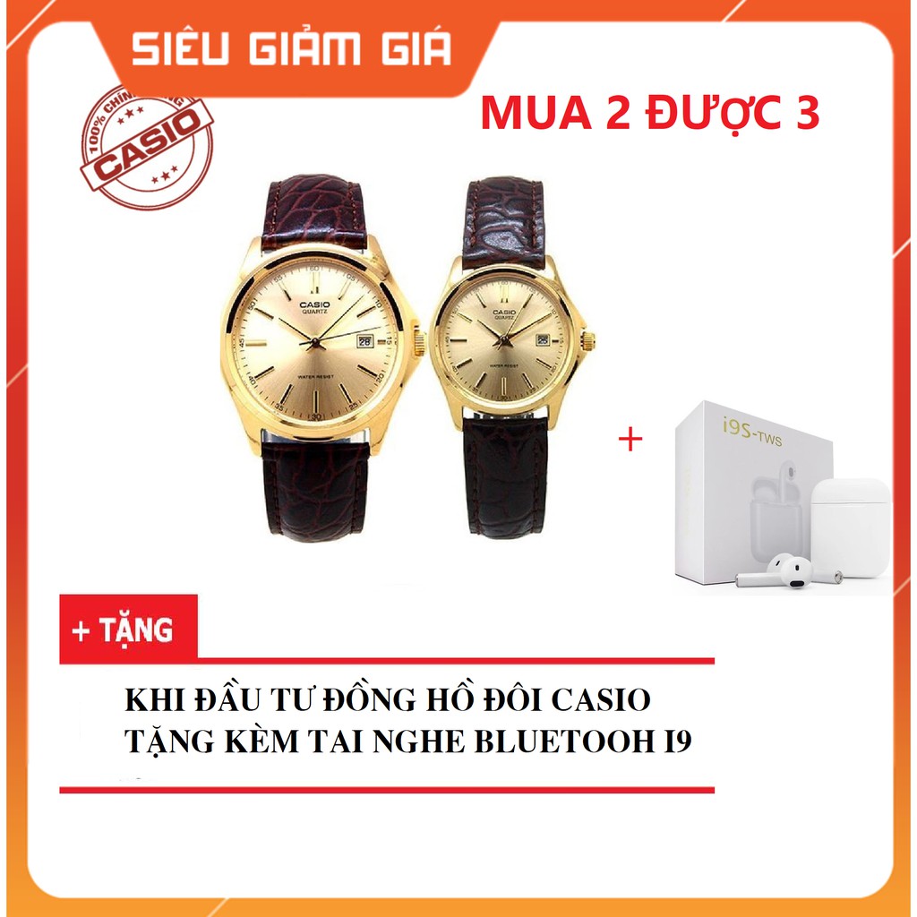 Đồng hồ đôi  chính hãng Casio Anh Khuê -  Dây da - mặt vàng - chống nước 50m - có tem chính hãng