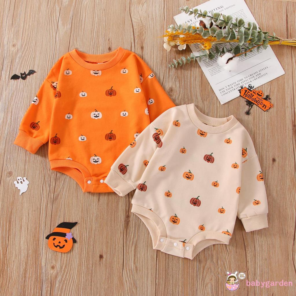Áo Liền Quần Tay Dài Cổ Thuyền In Hình Bí Ngô Halloween Cho Bé 3-18 Tháng Tuổi
