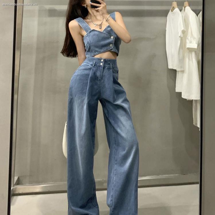 Set Đầm Hai Dây + Quần Denim Ống Rộng Phong Cách Phương Tây Thời Trang Mùa Hè Mới Cho Nữ 2021 10 Ngày