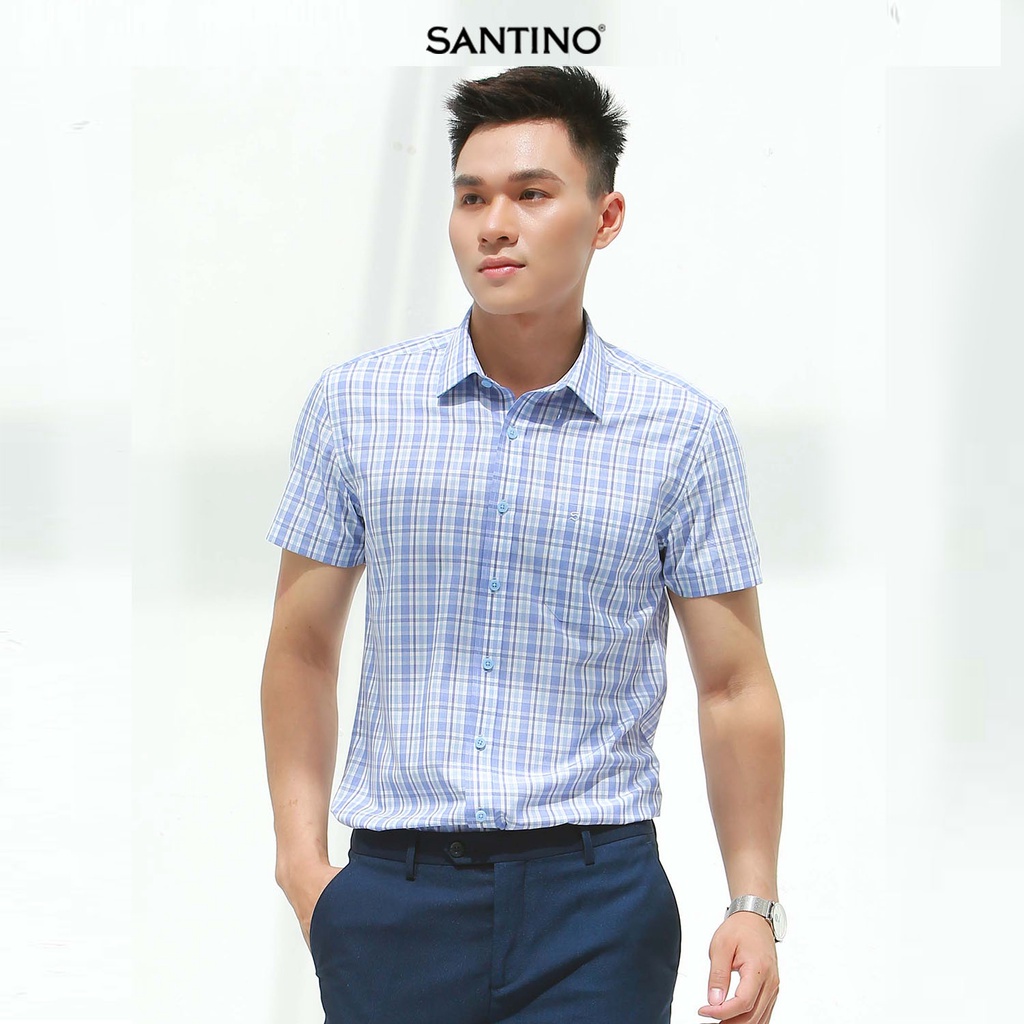 Áo sơ mi nam SỢI TRE ngắn tay Santino, hoạ tiết caro, dáng slim trẻ trung ASN495S607