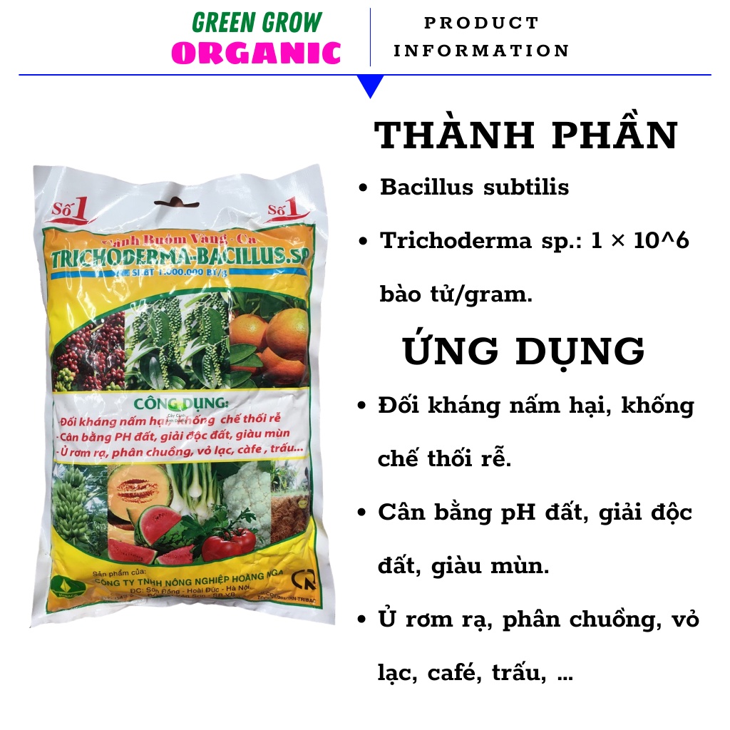 Chế phẩm sinh học Trichoderma siêu nấm Bacillus gói 1kg dùng ủ phân chuồng ủ đất trồng rau MS184 GREEN GROW