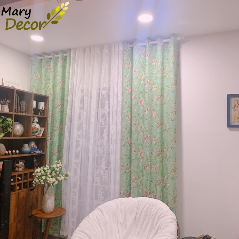 Rèm cửa đẹp cao cấp giá rẻ, mẫu mới nhất hiện nay chống nắng tốt - họa tiết hoa xanh vintage R-K04