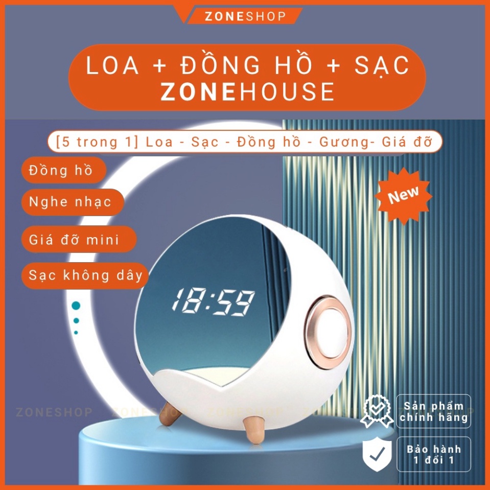 Loa bluetooth đa chức năng ZONEHOUSE, đế sạc điện thoại không dây, đồng hồ báo thức gương, giá đỡ điện, 5in1.