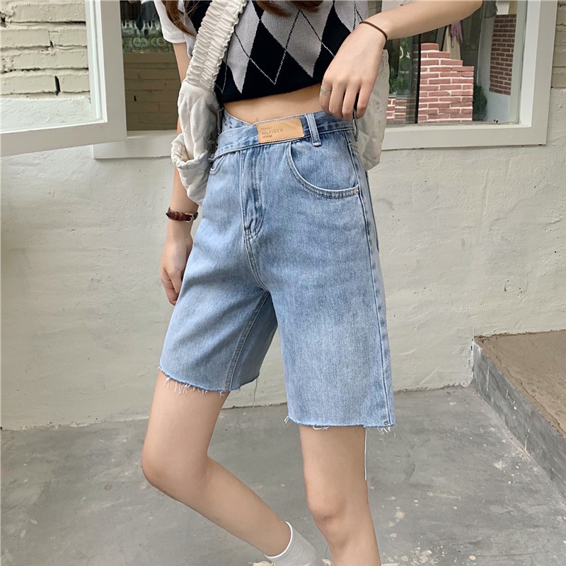 Light-colored denim shorts women's summer new style high-waist straight-leg raw-edge wide-leg pants loose pants