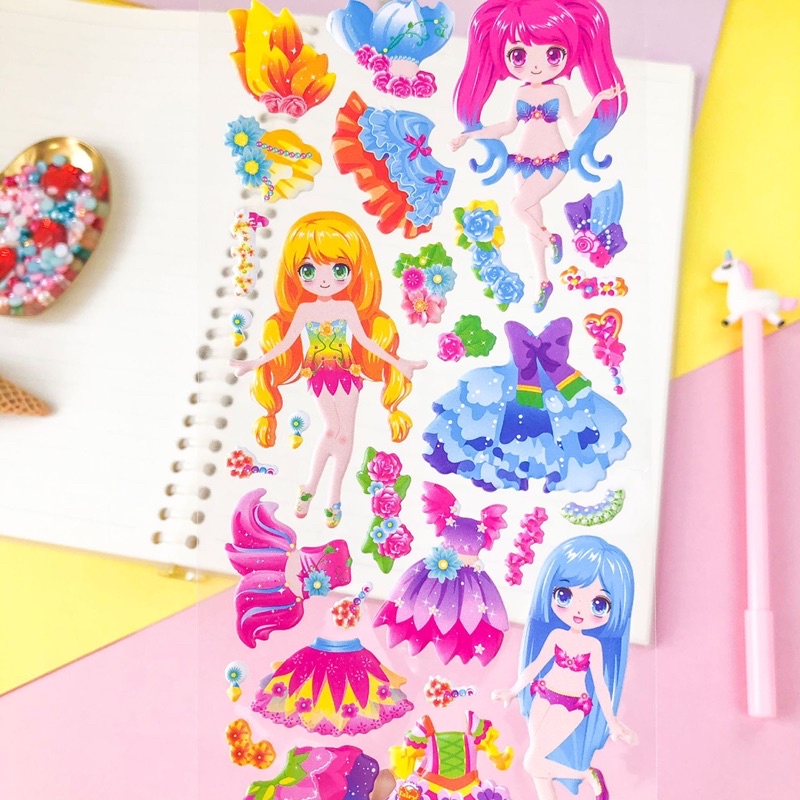 Tấm Dán Sticker  3D Thay trang phục búp bê Nhiều Mẫu