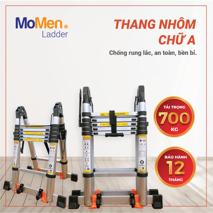 Thang Nhôm Rút Đôi chữ A Chính Hãng Có Bánh Xe Momen Đức - Nhập khẩu 3m8 đến 5m6 - Chắc chắn, bền đẹp và nhẹ. MO400TNK-B