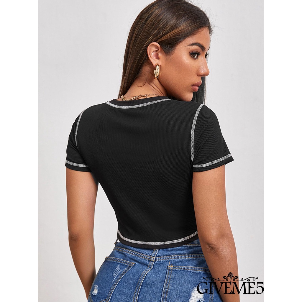 Áo Thun Croptop Tay Ngắn Cổ Tròn In Hình Thiên Thần Nhỏ Phối Màu Tương Phản Cho Nữ