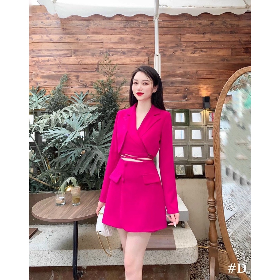 [9.9 Sales Freeship] Set váy nữ Hàn quốc, set áo cổ vest tay dài croptop cột dây eo chân váy lệch phối túi sang trọng dx