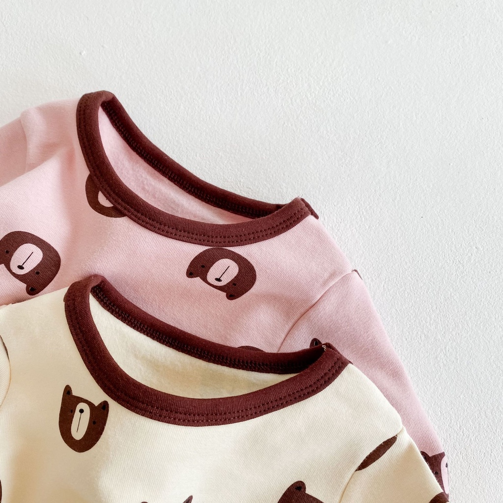 Bộ Áo Liền Quần Tay Dài + Mũ Tai Gấu Hoạt Hình Dễ Thương Cho Bé Sơ Sinh 0-24 Tháng Tuổi