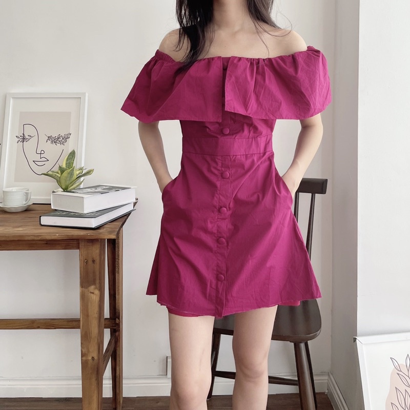 (SẴN) Váy trễ vai ngắn có túi