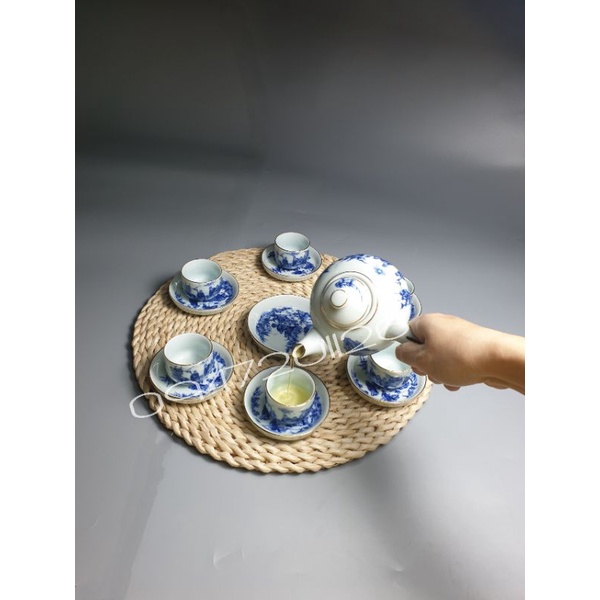 BỘ ẤM CHÉN BÁT TRÀNG MEN LAM TRÚC LÂM THẤT HIỀN QUAI NGANG 350ML