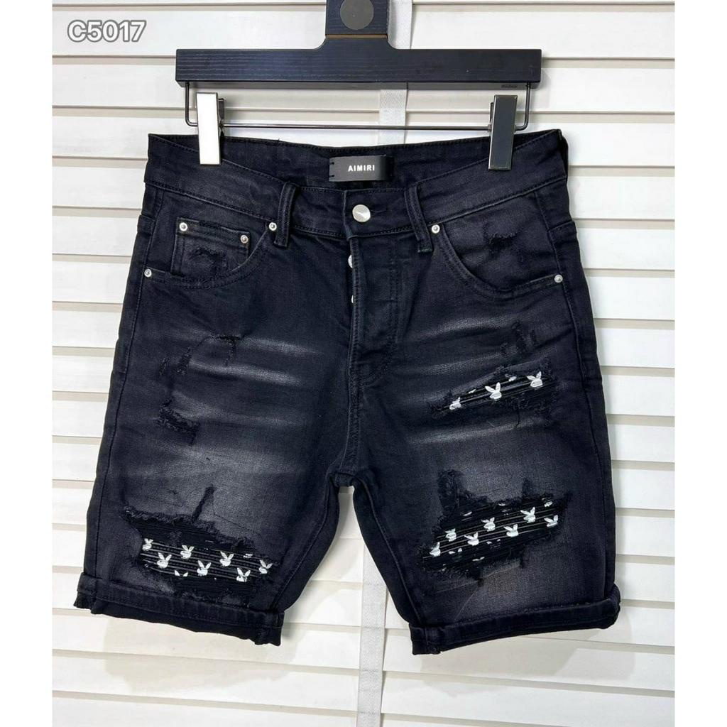 quần short jean nam đen rách vá gối in thỏ mẫu mới đẹp hot,chất jean co giãn mềm mại chuẩn form BS