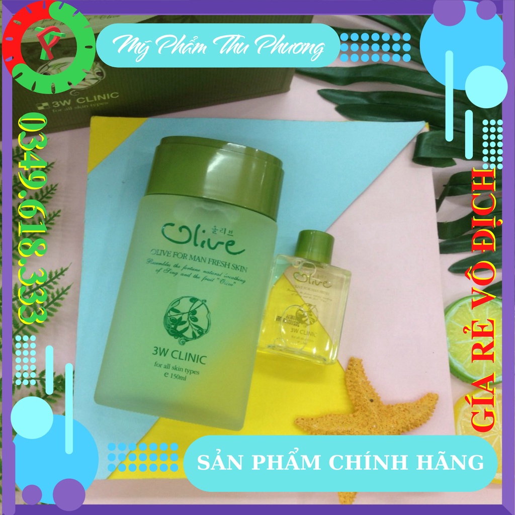 Bộ Mỹ phẩm nam giới chăm sóc làm trắng dưỡng ẩm da mặt Hàn Quốc Chính Hãng 3W CLINIC OLIVE FOR MAN FRESH 2 ITEMS SET