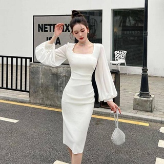 Đầm Trắng Cổ Vuông Tay Dài Phồng Xếp Ly Nhấn Eo Thời Trang Mùa Xuân Kiểu Mới Cho Nữ
