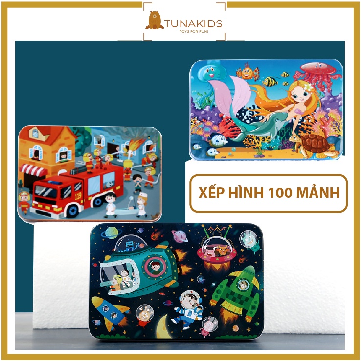 Bộ xếp hình 100 mảnh cho bé puzzle bằng gỗ hộp sắt TunaKids