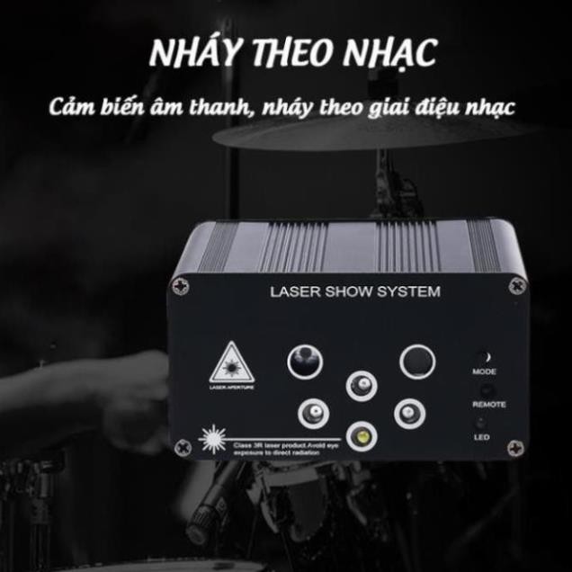 Đèn nháy theo nhạc 6 mắt laser chiếu 64 hình, Đèn phòng bay chiếu ánh sáng laser - KÈM điều khiển từ xa.