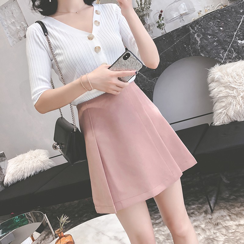 SUXI Chân váy chữ A vải voan lưng cao phong cách Hàn Quốc dành cho nữ