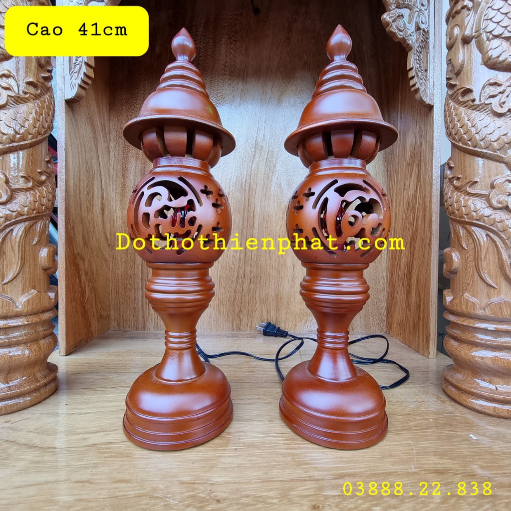 Cặp đèn thờ gỗ xà cừ phúc lộc thọ màu nâu mẫu mới