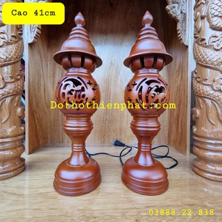 Cặp đèn thờ gỗ xà cừ cao 41cm phúc lộc thọ màu nâu mẫu mới