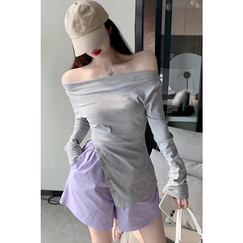 Set Áo Trễ Vai Tay Dài + Quần Short Phong Cách Hàn Quốc Thanh Lịch Cho Nữ
