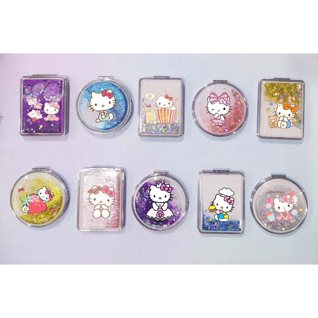 Gương nước chảy kim tuyến mèo kitty in hình GNI44 gương 2 mặt