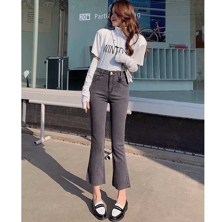 Quần Jeans Nữ Ống Loe Tua Gấu Xám Tro Cá Tính, Quần Bò Nữ Dáng Loe Lưng Cao Siêu Hack Dáng Cao Cấp