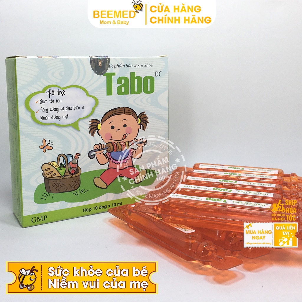 Siro Tabo giảm táo bón cho bé - hộp 10 ống tiện lợi từ chất xơ hòa tan FOS, tiêu hóa tốt, giảm biếng ăn cho trẻ