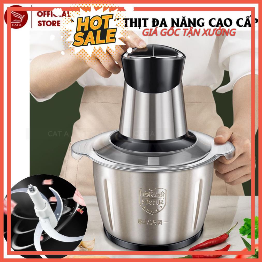 Máy xay thịt đa năng, cối xay thịt rau củ quả gia vị cối inox 4 lưỡi đa năng công suất 250W dung tích 2L