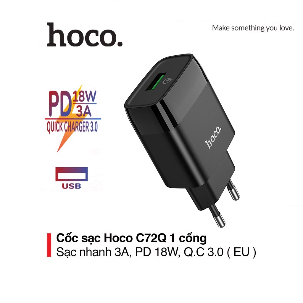 Củ sạc 18W Hoco C72Q chuôi tròn 1 cổng USB chất liệu PC chống cháy hỗ trợ QC3.0