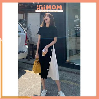 Váy bầu thiết kế - đầm suông bầu màu đen phối vạt trắng 4 cúc chéo hàng freesize tới 70kg - Xiimom ,