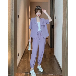 SET BLAZER TÍM ĐEN - ÁO VEST TÍM ĐEN TAY LỠ + QUẦN CULLOTES ĐŨI DÀI BO ỐNG ĐEN TÍM ULZZANG