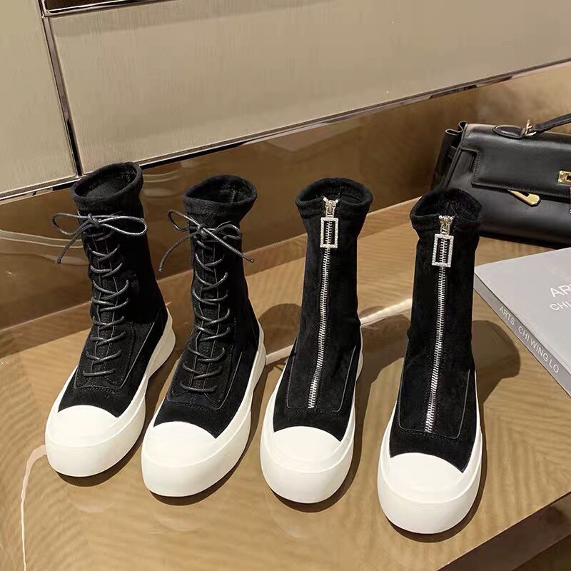 (ỎRDER-A89)GIÀY BOOT NỮ NHUNG PHA DA LỘN 21CM có khoá đằng trước bốt boots nữ ulzzang đế 4p-5p | BigBuy360 - bigbuy360.vn